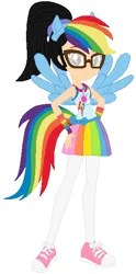 Size: 301x609 | Tagged: safe, artist:selenaede, artist:user15432, derpibooru import, rainbow dash, oc, oc:aaliyah, human, equestria girls, aaliyah, amulet, base used, clothes, cosplay, costume, crossover, cutie mark, cutie mark on clothes, dress, equestria girls style, equestria girls-ified, fingerless gloves, glasses, gloves, halloween, halloween costume, hand on hip, headband, holiday, image, jewelry, leggings, looking at you, multicolored hair, necklace, pegasus wings, png, pony ears, ponytail, rainbow dash costume, rainbow hair, rainbow wig, shoes, smiling, sneakers, wings