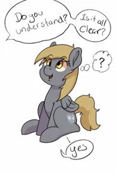 Size: 2000x3000 | Tagged: safe, artist:chedx, derpibooru import, derpy hooves, pegasus, pony, blatant lies, confused, dialogue, folded wings, funny, image, offscreen character, open mouth, open smile, png, ponytober, question mark, simple background, sitting, smiling, solo, speech bubble, talking, thought bubble, white background, wings
