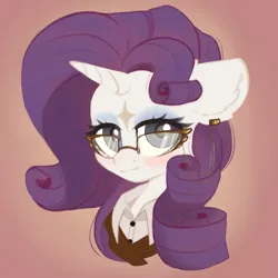 Size: 900x900 | Tagged: safe, artist:pollynia, derpibooru import, rarity, pony, unicorn, bust, clothes, digital art, ear fluff, ear piercing, earring, eyelashes, female, glasses, horn, image, jewelry, looking at you, makeup, mare, piercing, png, portrait, shirt, simple background, smiling, smiling at you, solo