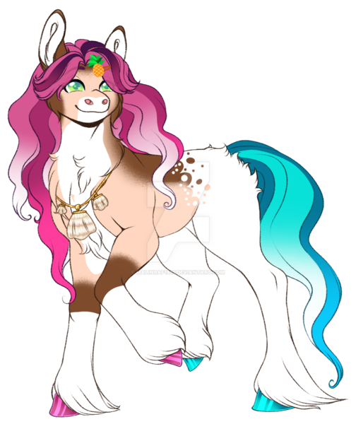 Size: 1280x1525 | Tagged: safe, artist:malinraf1615, derpibooru import, oc, unofficial characters only, earth pony, pony, barrette, chest fluff, digital art, ear fluff, female, food, full body, green eyes, hooves, image, jewelry, looking back, mare, necklace, offspring, parent:hitch trailblazer, parent:sunny starscout, parents:sunnyhitch, pineapple, png, shell, simple background, smiling, solo, tail, transparent background, unshorn fetlocks