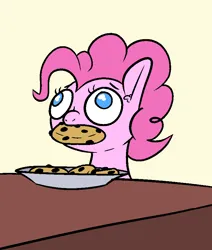 Size: 715x843 | Tagged: safe, artist:happy harvey, derpibooru import, pinkie pie, oc, oc:chocolate chips, earth pony, pony, colored pupils, cookie, drawn on phone, ear fluff, female, food, holdind, image, mare, plate, png, stealing, table, wall eyed