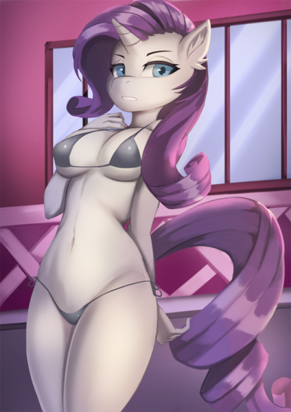 Size: 1196x1691 | Tagged: suggestive, artist:kironzen, derpibooru import, rarity, anthro, unicorn, absolute cleavage, big breasts, bikini, breasts, busty rarity, cleavage, clothes, ear fluff, female, hand behind back, image, looking at you, png, solo, solo female, standing, swimsuit, wide hips, window