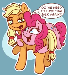 Size: 2033x2226 | Tagged: safe, artist:doodledonutart, derpibooru import, applejack, pinkie pie, earth pony, pony, applejack is not amused, blue background, dialogue, duo, duo female, female, hape, high res, hug, image, looking at each other, looking at someone, mare, open mouth, open smile, outline, patience, personal space invasion, png, ponytober, simple background, smiling, speech bubble, unamused