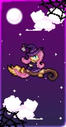 Size: 640x1224 | Tagged: safe, artist:mariothepixelarter, derpibooru import, fluttershy, pegasus, pony, 8-bit, broom, clothes, cloud, colored pupils, dress, female, halloween, hat, holiday, image, jpeg, mare, moon, reddit, sitting, solo, solo female, spider web, stars, witch, witch hat