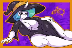Size: 2700x1800 | Tagged: suggestive, artist:renegade-157, derpibooru import, princess celestia, alicorn, anthro, big breasts, breasts, busty princess celestia, cleavage, clothes, costume, halloween, halloween costume, hand on hip, hat, hips, holiday, horn, huge breasts, image, leaning, png, pose, solo, thighs, thunder thighs, wide hips, witch costume, witch hat