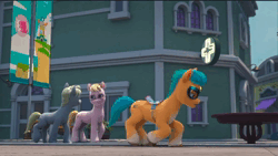 Size: 1280x724 | Tagged: safe, derpibooru import, screencap, hitch trailblazer, pony, my little pony: make your mark, my little pony: make your mark chapter 2, spoiler:g5, spoiler:my little pony: make your mark chapter 2, spoiler:myms01e08, angry, animated, background pony, blanket, building, cape, clothes, g5, glasses, have you seen this dragon?, image, intense, mask, no mercy, ominous, pharmacy, serious, serious face, sound, stare, street, table, voice, webm