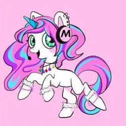 Size: 256x256 | Tagged: safe, derpibooru import, oc, unofficial characters only, pony, unicorn, black outlines, bracelet, colored ears, colored horn, ear piercing, female, headphones, horn, image, jewelry, jpeg, mare, microphone, missing cutie mark, multicolored eyes, necklace, piercing, pink background, reddit, simple background, solo, solo female, unicorn oc