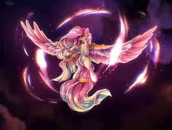 Size: 2160x1620 | Tagged: safe, artist:crybaby, derpibooru import, fluttershy, pegasus, pony, braid, colored wings, determined look, energy, feathered fetlocks, flying, image, jpeg, large wings, long mane, long tail, multicolored hair, multicolored wings, rainbow power, solo, tail, wings