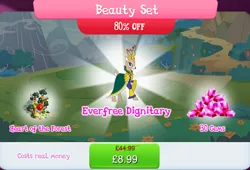 Size: 1260x857 | Tagged: safe, derpibooru import, idw, official, deer, bundle, bush, clothes, costs real money, crown, doe, english, female, flower, gameloft, gem, idw showified, image, jewelry, jpeg, numbers, queen, queen birch, regalia, sale, solo, solo focus, text, tree