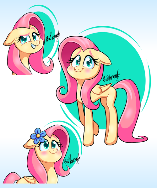 Size: 1000x1200 | Tagged: safe, artist:bunivanah06, derpibooru import, fluttershy, pegasus, pony, always works, blushing, dreamworks face, female, floppy ears, flower, flower in hair, folded wings, grin, image, looking at you, mare, missing cutie mark, png, smiling, smiling at you, solo, standing, three quarter view, wings