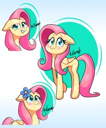 Size: 1000x1200 | Tagged: safe, artist:bunivanah06, derpibooru import, fluttershy, pegasus, pony, always works, blushing, dreamworks face, female, floppy ears, flower, flower in hair, folded wings, grin, image, looking at you, mare, missing cutie mark, png, smiling, smiling at you, solo, standing, three quarter view, wings