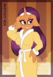 Size: 2400x3500 | Tagged: safe, artist:snakeythingy, derpibooru import, saffron masala, anthro, clothes, image, png, ponyville spa, robe, robes, sauna, spa, steam