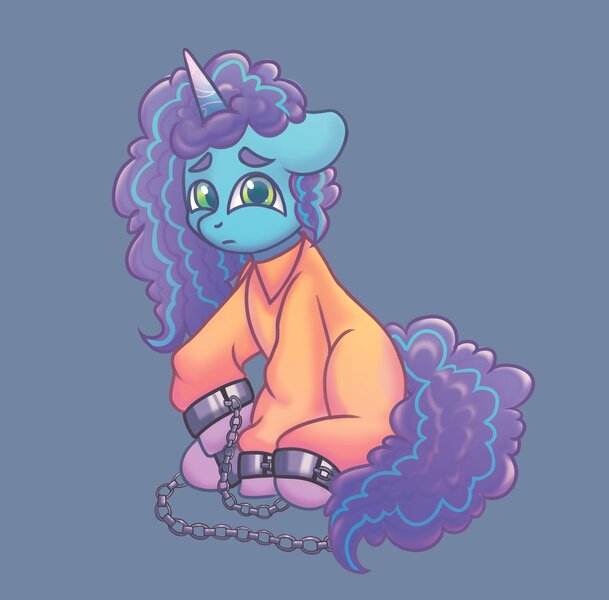 Size: 3602x3550 | Tagged: safe, artist:kutemango, derpibooru import, pony, unicorn, g5, clothes, commission, commissioner:rainbowdash69, cuffed, image, jpeg, misty brightdawn, never doubt rainbowdash69's involvement, prison outfit, prisoner, sad