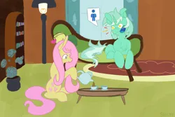 Size: 3600x2400 | Tagged: safe, derpibooru import, fluttershy, lyra heartstrings, pegasus, pony, unicorn, bookshelf, cup, cushion, digital art, duo, female, fluttershy's cottage, heart, image, lamp, lesbian, lyrashy, mare, open mouth, png, rug, shipping, sitting, starry eyes, teacup, teapot, window, wingding eyes