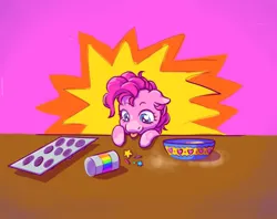 Size: 1280x1016 | Tagged: safe, artist:lilqu33nbee, derpibooru import, pinkie pie, earth pony, pony, baking, bowl, bust, female, food, heart, heart eyes, image, jar, looking at something, muffin tray, png, solo, sprinkles, table, tongue out, wingding eyes