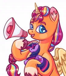 Size: 916x1058 | Tagged: safe, artist:kutemango, derpibooru import, sunny starscout, twilight sparkle, twilight sparkle (alicorn), alicorn, pony, my little pony: a new generation, artificial horn, artificial wings, augmented, coat markings, cute, g5, horn, image, jpeg, magic, magic horn, magic wings, megaphone, open mouth, open smile, plushie, race swap, simple background, smiling, socks (coat marking), sunnybetes, sunnycorn, twilight sparkle plushie, unshorn fetlocks, white background, wings
