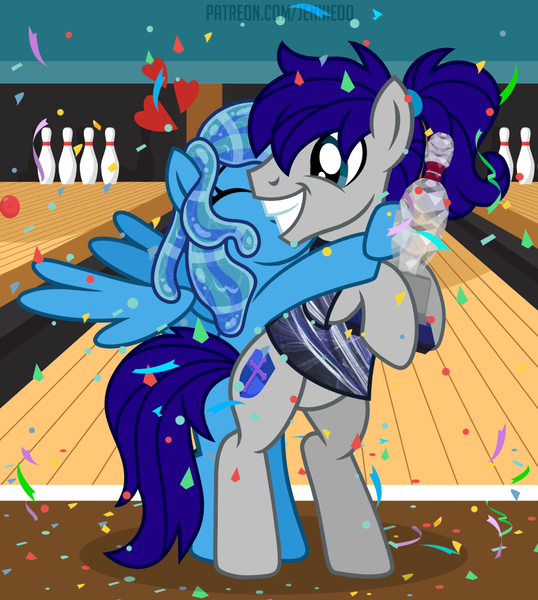 Size: 897x1000 | Tagged: safe, artist:jennieoo, derpibooru import, oc, oc:maverick, oc:ocean soul, earth pony, pegasus, pony, bowling, couple, happy, image, kiss on the cheek, kissing, patreon, patreon reward, png, ponytail, show accurate, soulverick, story, story included, trophy, vector