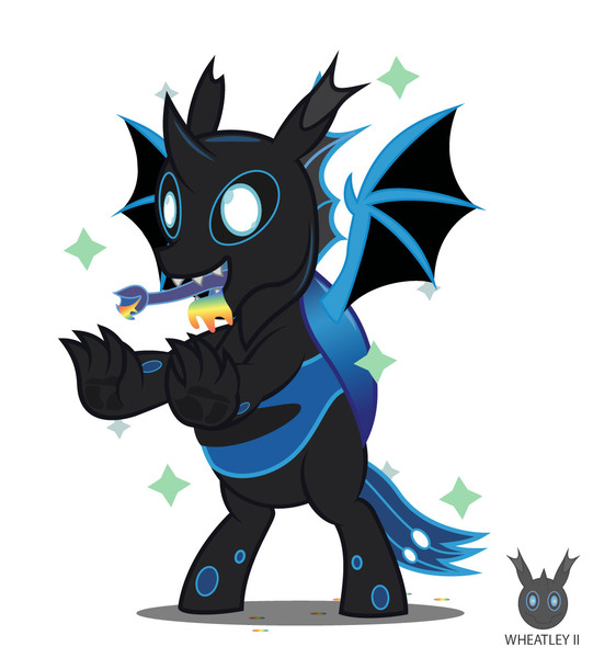 Size: 1064x1180 | Tagged: safe, artist:wheatley r.h., derpibooru import, oc, oc:w. rhinestone eyes, unofficial characters only, changeling, bat wings, blue changeling, changeling oc, chubby, claws, dilated pupils, happy, honeypot changeling, image, jpeg, male, sharp teeth, simple background, smiling, solo, sparkles, spread wings, teeth, tongue out, vector, watermark, white background, wings