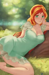 Size: 1300x1980 | Tagged: safe, alternate version, artist:merore, derpibooru import, sunset shimmer, human, beautiful, blushing, bottomless, breasts, busty sunset shimmer, cleavage, clothes, cute, dress, erect nipples, female, forest, humanized, image, looking at you, lying, lying down, nature, nipple outline, outdoors, partial nudity, png, shimmerbetes, smiling, solo, solo female, tree