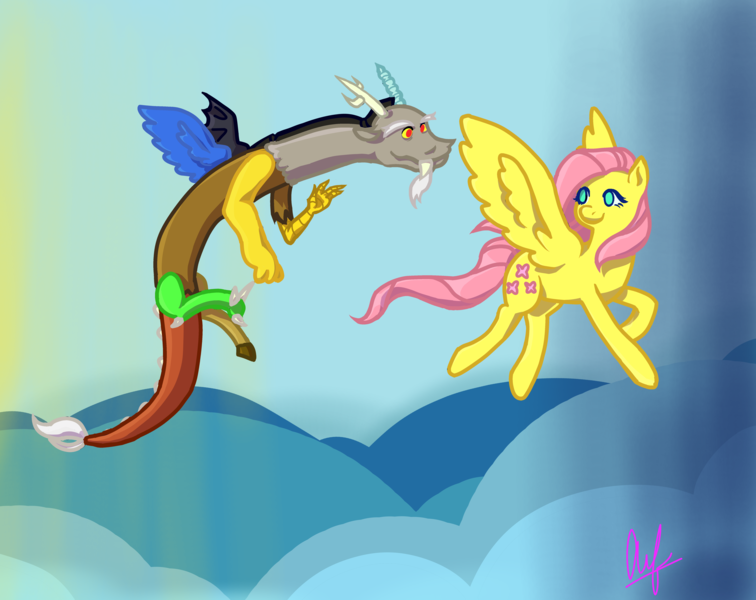 Size: 6300x5000 | Tagged: safe, artist:lilqu33nbee, derpibooru import, discord, fluttershy, draconequus, pegasus, pony, absurd resolution, cloud, discoshy, duo, female, flying, image, male, no pupils, png, shipping, straight