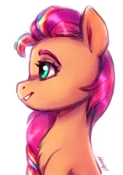 Size: 1628x2308 | Tagged: safe, artist:buttersprinkle, derpibooru import, sunny starscout, earth pony, pony, female, g5, image, mare, multicolored hair, png, profile, signature, simple background, smiling, solo, solo female, white background