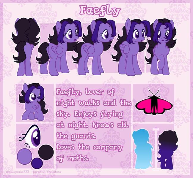 Size: 1280x1184 | Tagged: safe, artist:misscupcake333, artist:paradiseskeletons, derpibooru import, oc, oc:faefly, insect, moth, pegasus, pony, female, image, jpeg, mare, purple, reference sheet, solo