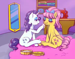 Size: 6300x5000 | Tagged: safe, artist:lilqu33nbee, artist:littleempressbee, derpibooru import, fluttershy, powder, rarity, pegasus, pony, unicorn, absurd resolution, bow, duo, eyeshadow, hair bow, image, makeover, makeup, png, slumber party