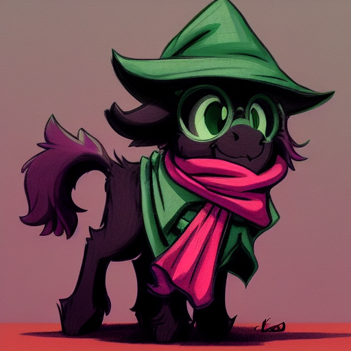 Size: 512x512 | Tagged: safe, derpibooru import, editor:paracompact, machine learning generated, purplesmart.ai, stable diffusion, ponified, pony, black coat, clothes, cute, deltarune, glasses, gradient background, hat, image, male, png, ralsei, scarf, simple background, stallion