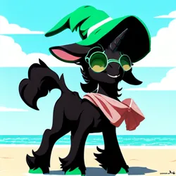 Size: 512x512 | Tagged: safe, derpibooru import, editor:paracompact, machine learning generated, purplesmart.ai, stable diffusion, ponified, pony, unicorn, beach, black coat, clothes, cute, deltarune, eyes closed, glasses, gradient background, hat, image, male, missing accessory, png, ralsei, scarf, simple background, stallion