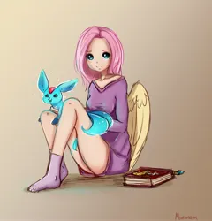 Size: 3248x3384 | Tagged: safe, artist:miokomata, derpibooru import, fluttershy, human, pony, book, carbuncle, clothes, crossover, cute, duo, female, final fantasy, freckles, freckleshy, gradient background, humanized, image, jpeg, looking at you, mare, shyabetes, smiling, smiling at you, socks, winged humanization, wings