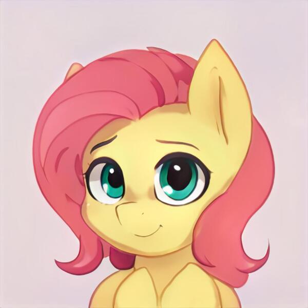 Size: 1024x1024 | Tagged: safe, artist:thisponydoesnotexist, derpibooru import, machine learning generated, fluttershy, pegasus, pony, female, image, jpeg, looking at you, mare, simple background, smiling, solo