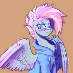 Size: 2048x2048 | Tagged: safe, artist:yumkandie, derpibooru import, oc, oc:skyline, unofficial characters only, pegasus, pony, brown background, clothes, ear piercing, female, hoodie, image, jpeg, looking at you, mare, mohawk, pegasus oc, piercing, simple background, smiling, solo, wings