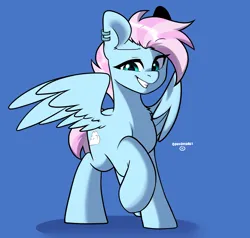 Size: 2730x2600 | Tagged: safe, artist:cottonsweets, derpibooru import, oc, oc:skyline, unofficial characters only, pegasus, pony, blue background, ear piercing, female, image, mare, mohawk, pegasus oc, piercing, png, simple background, solo, wings