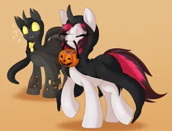 Size: 4155x3152 | Tagged: safe, artist:pearlyiridescence, derpibooru import, oc, oc:flavis, oc:siren, unofficial characters only, changeling, pegasus, pony, candy, changeling oc, cloak, clothes, confused, costume, cute, eyes closed, female, food, halloween, halloween costume, holiday, image, male, mare, mouth hold, png, pumpkin bucket, scarf, simple background, smiling, stallion, tentacles, trotting