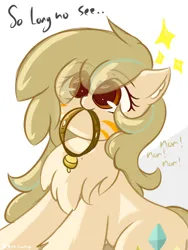 Size: 1200x1600 | Tagged: safe, artist:grithcourage, derpibooru import, oc, oc:grith courage, unofficial characters only, earth pony, pony, adorable face, bell, bell collar, brown mane, chest fluff, collar, cute, cutie mark, excited, female, happy, image, jewelry, looking up, necklace, nom, png, red eyes, simple background, solo, text, white background