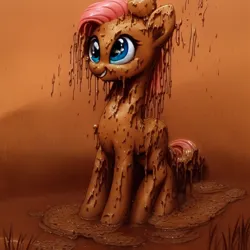 Size: 1024x1024 | Tagged: safe, derpibooru import, machine learning generated, purplesmart.ai, stable diffusion, fluttershy, pegasus, pony, covered in mud, female, image, mud, muddy, open mouth, open smile, png, smiling, solo