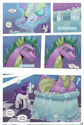 Size: 1366x2048 | Tagged: safe, artist:doorpapu, derpibooru import, rarity, spike, unicorn, comic:warm embrace, bathtub, dialogue, female, image, jpeg, levitation, magic, male, misspelling, older, older rarity, older spike, redesign, shipping, sparity, straight, stuck, telekinesis