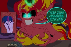 Size: 1095x730 | Tagged: suggestive, artist:malevolentsamson, derpibooru import, sunset shimmer, twilight sparkle, equestria girls, between breasts, breasts, busty sunset shimmer, butt, dialogue, female, giantess, image, jpeg, macro, smothering, sunset satan, sweat