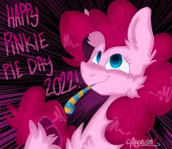 Size: 1407x1217 | Tagged: safe, artist:4agonism, derpibooru import, pinkie pie, pony, female, image, party horn, pinkie pie day, pinkie pie day 2022, png, raised hoof, smiling, solo, solo female, unshorn fetlocks