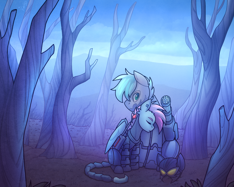 Size: 1280x1024 | Tagged: safe, artist:magicstarfriends, derpibooru import, oc, oc:alabaster, oc:skyline, unofficial characters only, pegasus, pony, fallout equestria, armor, dead tree, duo, enclave, enclave armor, fallout, female, forest, gun, helmet, image, male, mare, mask, minigun, mohawk, novasurge rifle, png, power armor, stallion, tree, weapon