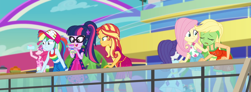Size: 2952x1080 | Tagged: safe, composite screencap, derpibooru import, edit, edited screencap, screencap, applejack, fluttershy, pinkie pie, rainbow dash, rarity, sci-twi, sunset shimmer, twilight sparkle, equestria girls, equestria girls series, spring breakdown, spoiler:eqg series (season 2), baseball cap, cap, clothes, cruise outfit, dress, female, front knot midriff, geode of empathy, geode of super speed, geode of telekinesis, glasses, hairclip, hat, humane five, humane seven, humane six, image, magical geodes, midriff, pants, png, ponytail, seasickness, shorts, standing, sunglasses, tanktop, wristband