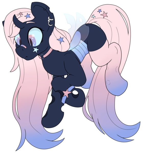 Size: 1985x2112 | Tagged: safe, artist:gnashie, derpibooru import, oc, oc:crystal star, unofficial characters only, changeling, bandaid, blue changeling, bracelet, changeling oc, changelingified, choker, clothes, ear piercing, earring, flying, frown, horn, image, jewelry, long mane, long tail, looking down, piercing, png, socks, species swap, tail, wings