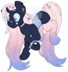 Size: 1985x2112 | Tagged: safe, artist:gnashie, derpibooru import, oc, oc:crystal star, unofficial characters only, changeling, bandaid, blue changeling, bracelet, changeling oc, changelingified, choker, clothes, ear piercing, earring, flying, frown, horn, image, jewelry, long mane, long tail, looking down, piercing, png, socks, species swap, tail, wings