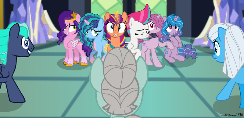 Size: 1914x926 | Tagged: safe, artist:lynnthenerdkitty, artist:sapphirescarletta, derpibooru import, izzy moonbow, pipp petals, sunny starscout, zipp storm, oc, oc:melody heartsong, oc:storming dust, alicorn, earth pony, pegasus, pony, unicorn, g5, base, base used, chromia, crossover, image, misty brightdawn, moonnracer, png