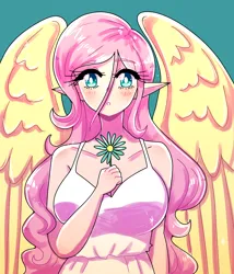 Size: 1800x2100 | Tagged: safe, artist:mylittleyuri, derpibooru import, fluttershy, human, blushing, breasts, busty fluttershy, cleavage, clothes, dress, elf ears, eyebrows, eyebrows visible through hair, female, green background, humanized, image, looking at you, png, simple background, solo, winged humanization, wings