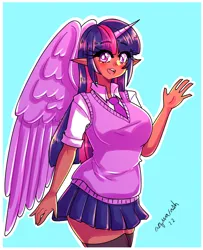 Size: 1630x2007 | Tagged: safe, artist:mylittleyuri, derpibooru import, twilight sparkle, human, blue background, breasts, busty twilight sparkle, clothes, elf ears, eyebrows, eyebrows visible through hair, female, horn, horned humanization, humanized, image, looking at you, moderate dark skin, necktie, open mouth, open smile, outline, png, school uniform, signature, simple background, skirt, smiling, smiling at you, solo, sweater vest, waving at you, white outline, winged humanization, wings