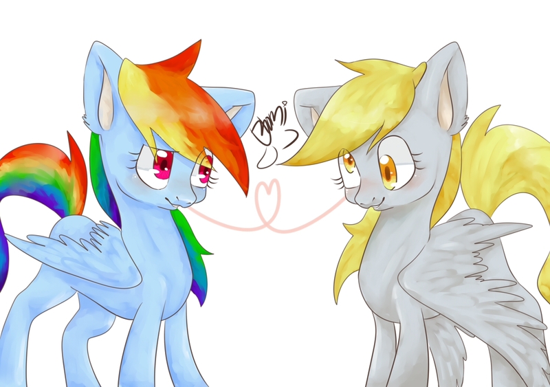 Size: 1466x1032 | Tagged: safe, artist:bbomi322, derpibooru import, derpy hooves, rainbow dash, pegasus, pony, derpydash, duo, female, heart, image, jpeg, lesbian, mare, shipping, simple background, white background, wings, wings down