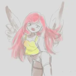 Size: 2000x2000 | Tagged: safe, artist:bbomi322, derpibooru import, fluttershy, human, female, hands behind back, humanized, image, jpeg, leaning, leaning forward, open mouth, sketch, solo, winged humanization, wings