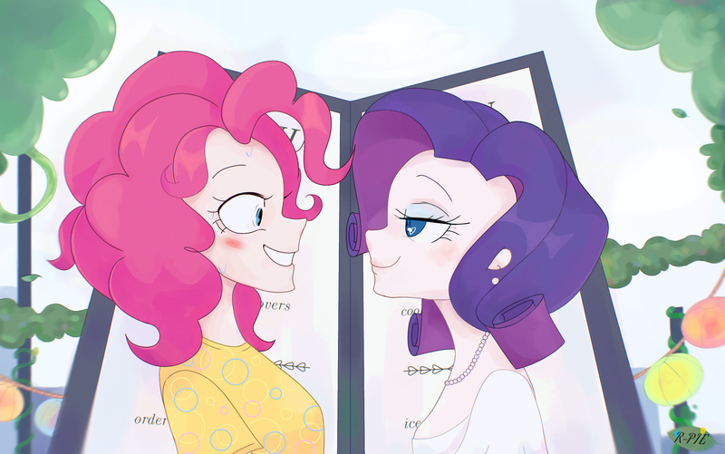 Size: 2837x1776 | Tagged: safe, derpibooru import, screencap, pinkie pie, rarity, human, the gift of the maud pie, bedroom eyes, blushing, cute, date, female, grin, humanized, image, lesbian, looking at each other, looking at someone, looking into each others eyes, menu, png, raripie, screenshot redraw, shipping, smiling, sweat, sweatdrops