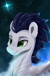 Size: 1280x1921 | Tagged: safe, artist:darksly, derpibooru import, soarin', pegasus, pony, bust, cloud, dark background, digital art, ear fluff, fog, image, jpeg, light, looking back, male, portrait, simple background, smiling, sparkles, stallion, stars, stupid sexy soarin', wings